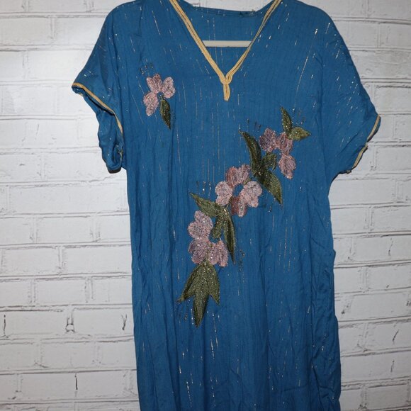 💙 VINTAGE BLUE & GOLD FLORAL DRESS 💙 - Picture 2 of 7